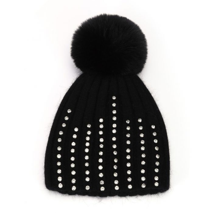 Crystal Studded Pom Pom Hat - Black