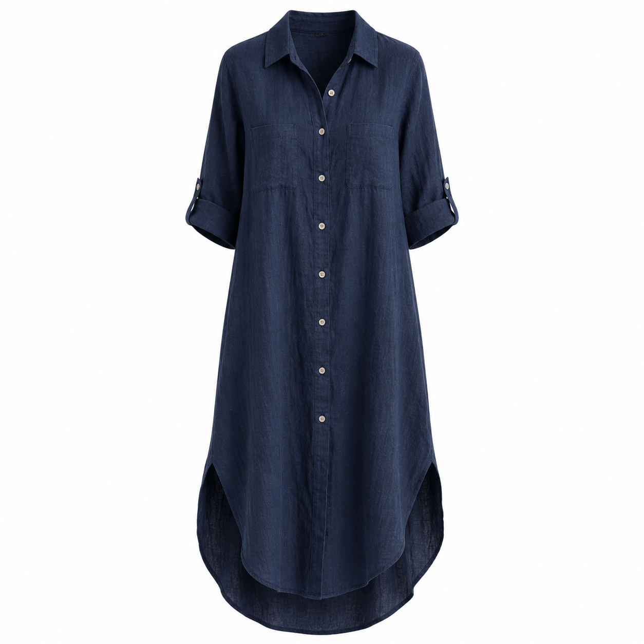Button Front Long Linen Shirt Dress - Navy