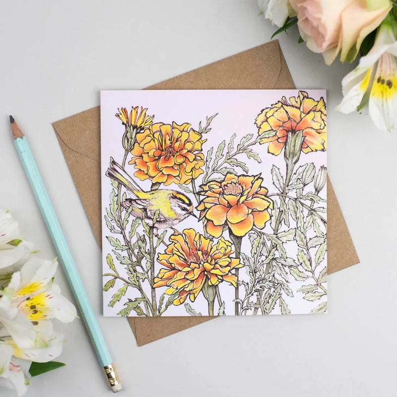 Firecrest and Marigolds Greeting Card  | Putti Fine Furnishings Canada 