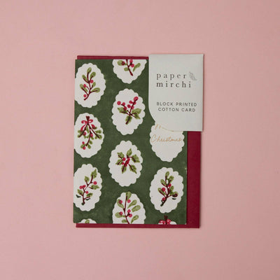 Hand Block Printed Greeting Card - Scallop Tiles Holly Green