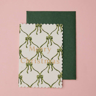 Hand Block Printed Greeting Card - Bows Holly Green