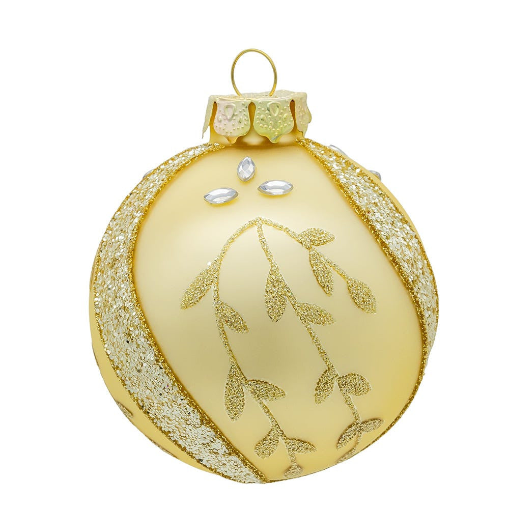 Gold Leaves with Jewels Glass Ball Ornament