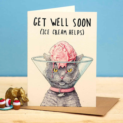 Get Well Soon ...Ice Cream Helps Cat Greeting Card | Putti Greeting Cards Canada