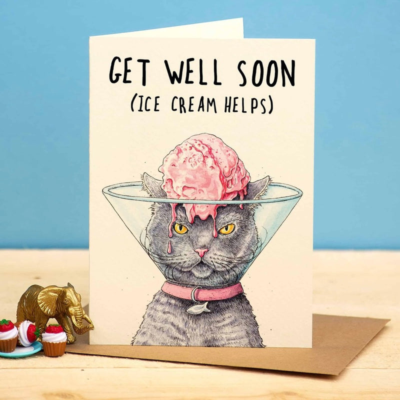 Get Well Soon ...Ice Cream Helps Cat Greeting Card | Putti Greeting Cards Canada 