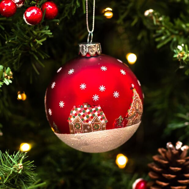 Matte Red with Gingerbread house Glass Ornament | Putti Christmas Decorations 