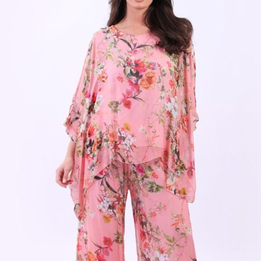 Double Layered Batwing Floral Print Silk Tunic Top - Pink