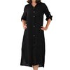 Button Front Long Linen Shirt Dress - Black