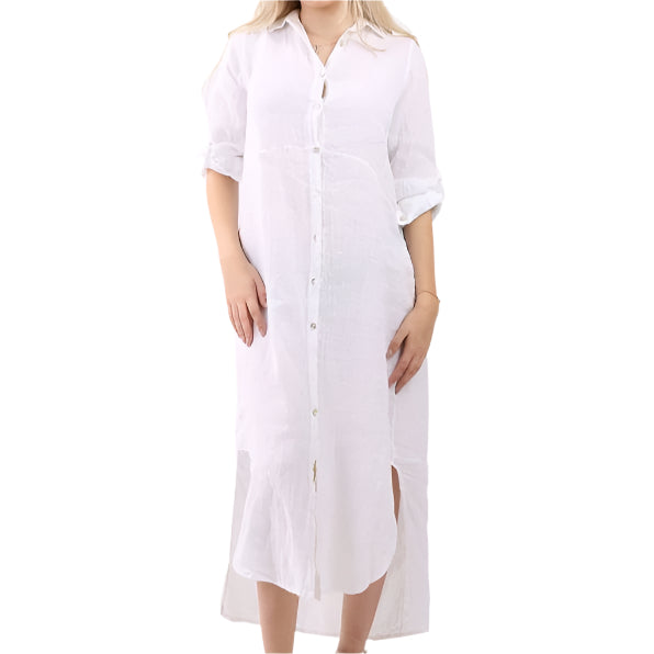 Button Front Long Linen Shirt Dress - White
