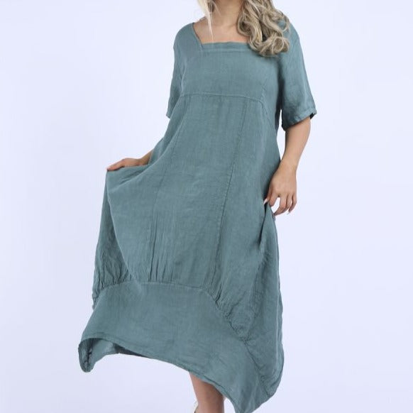 Linen Dress with Sleeves - Ocean