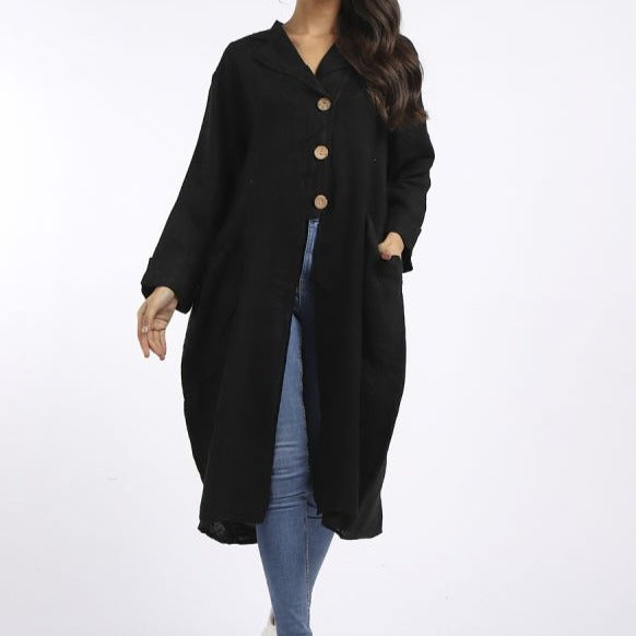 Italian Plain Vintage Wash Front Buttons Linen Jacket - Black