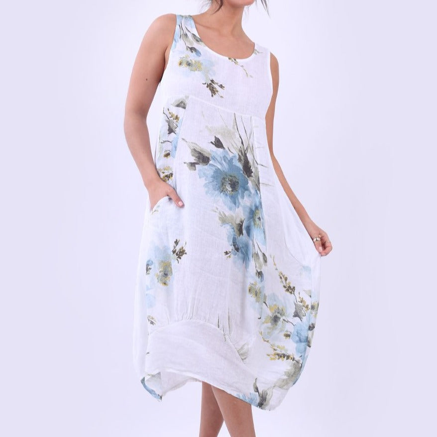 Side Ribbed Linen Sleeveless Floral Dress - White