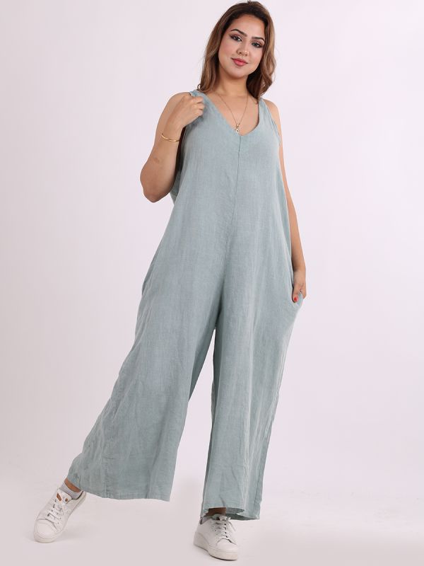 Sleeveless Wide Leg Linen Jumpsuit - Ocean