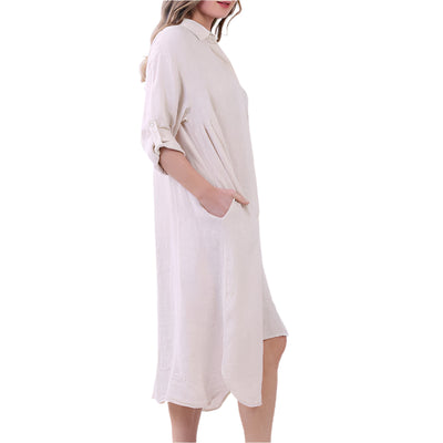 Button Front Linen Dress - White