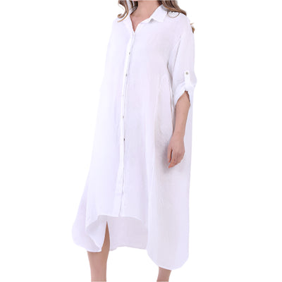 Button Front Linen Dress - White  | Putti Fine Fashions