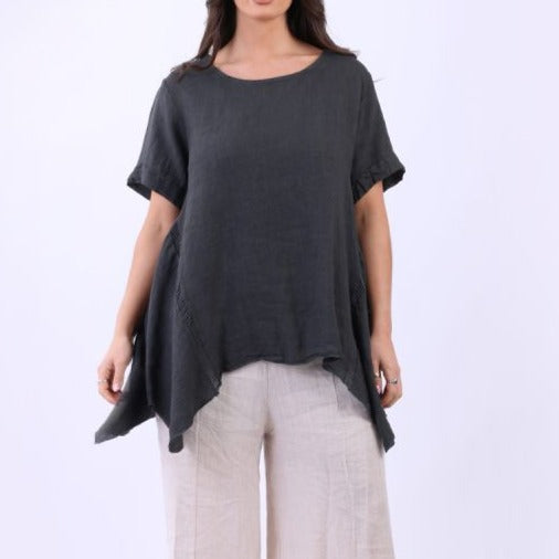 Vintage Washed Solid Linen Crochet Detail Tunic Top - Charcoal