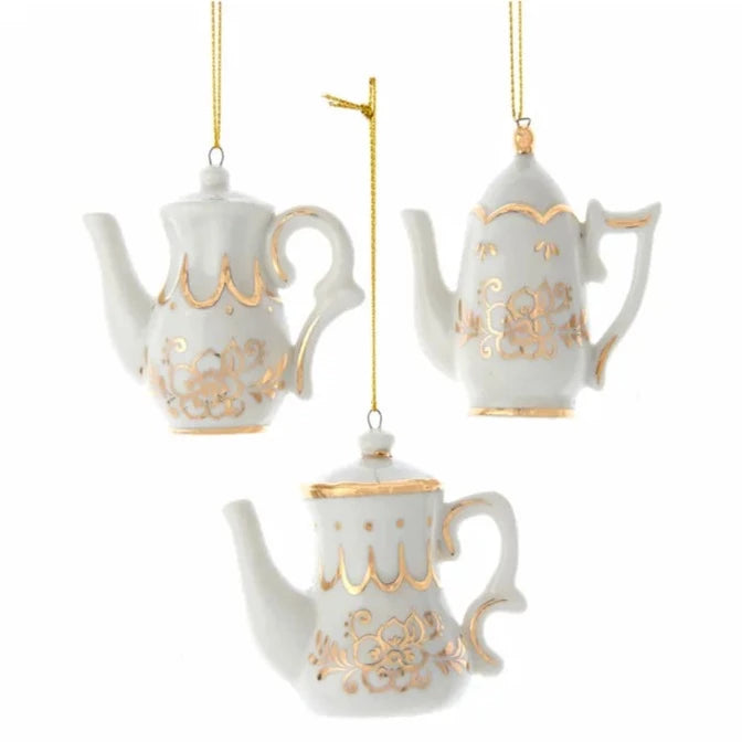 White and Gold Porcelain Teapot Ornament | Putti Christmas Decorations