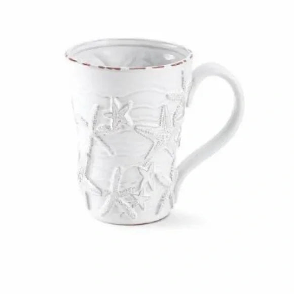 White Glazed Terracotta Mug with Embossed Starfish | Putti Fine Furnishings 