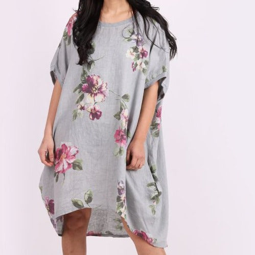 Floral Print Linen Lagnelook Dress - Silver