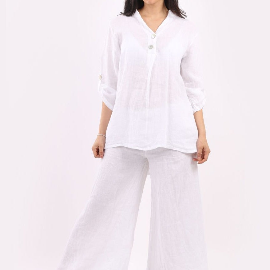 Plain Front Buttons Dipped Hem Linen Top | Putti Fine Fashions 