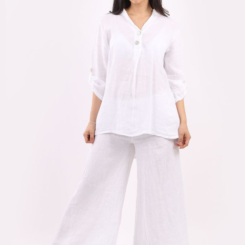 Plain Front Buttons Dipped Hem Linen Top | Putti Fine Fashions 