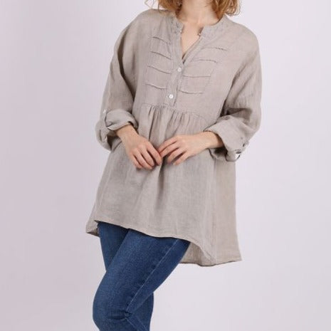 Plain Pleated Front Dip Hem Linen Tunic Top - Beige