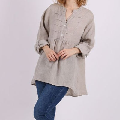 Plain Pleated Front Dip Hem Linen Tunic Top - Beige