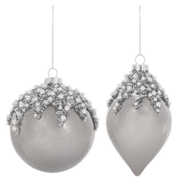 Glossy Grey Grey with Pearls Glass Double Point Ornament | Putti Christmas