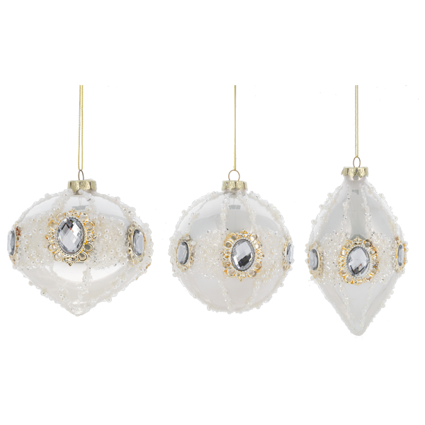 Gloss White with Jewels Glass Ornament  | Putti Christmas Decorations 