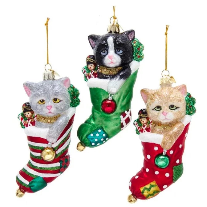 Noble Gems Cat in Stocking Glass Ornament | Putti Christmas Decorations 