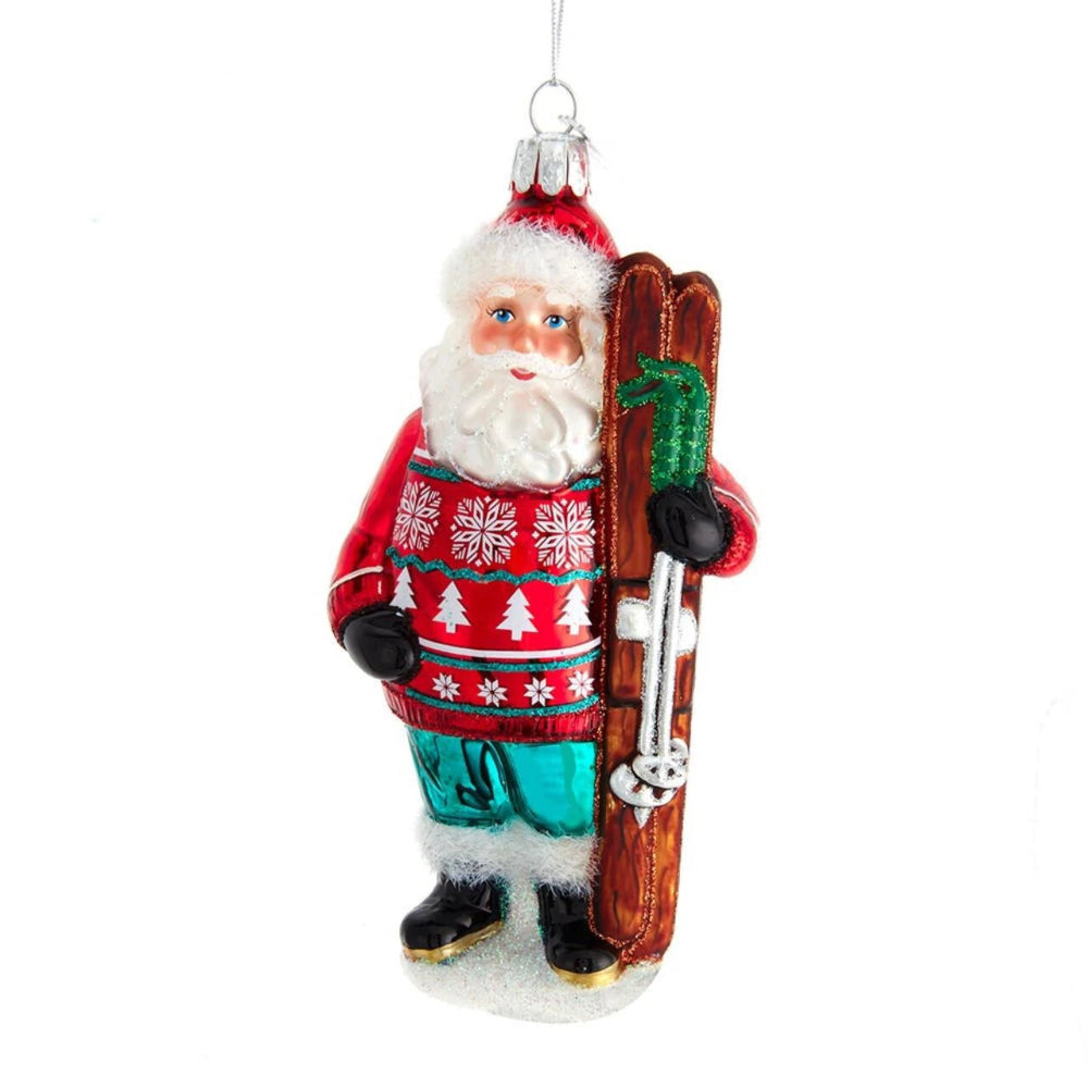 Noble Gems™ Santa With Skis Glass Ornament | Putti Christmas Canada 