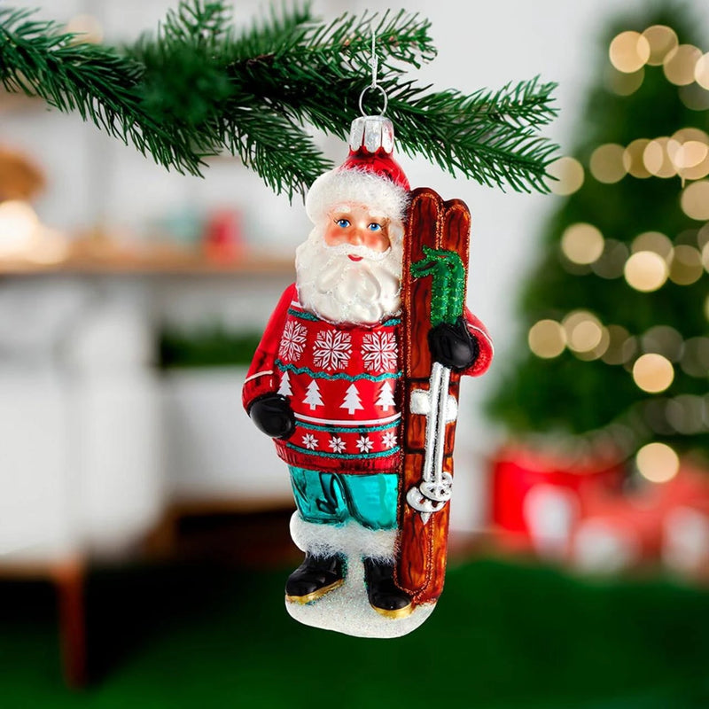 Noble Gems™ Santa With Skis Glass Ornament | Putti Christmas Canada 