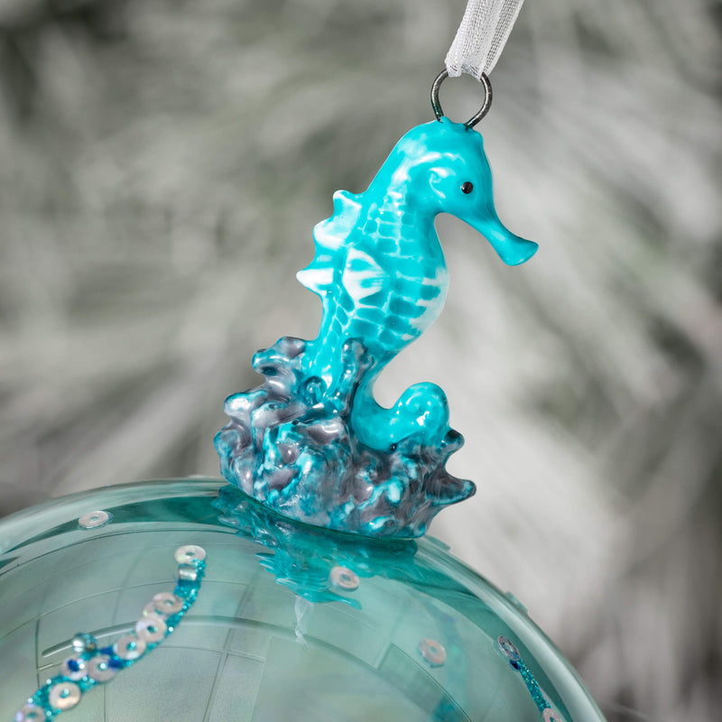 Aqua Seahorse Glass Ball Ornament | Putti Christmas Decorations 