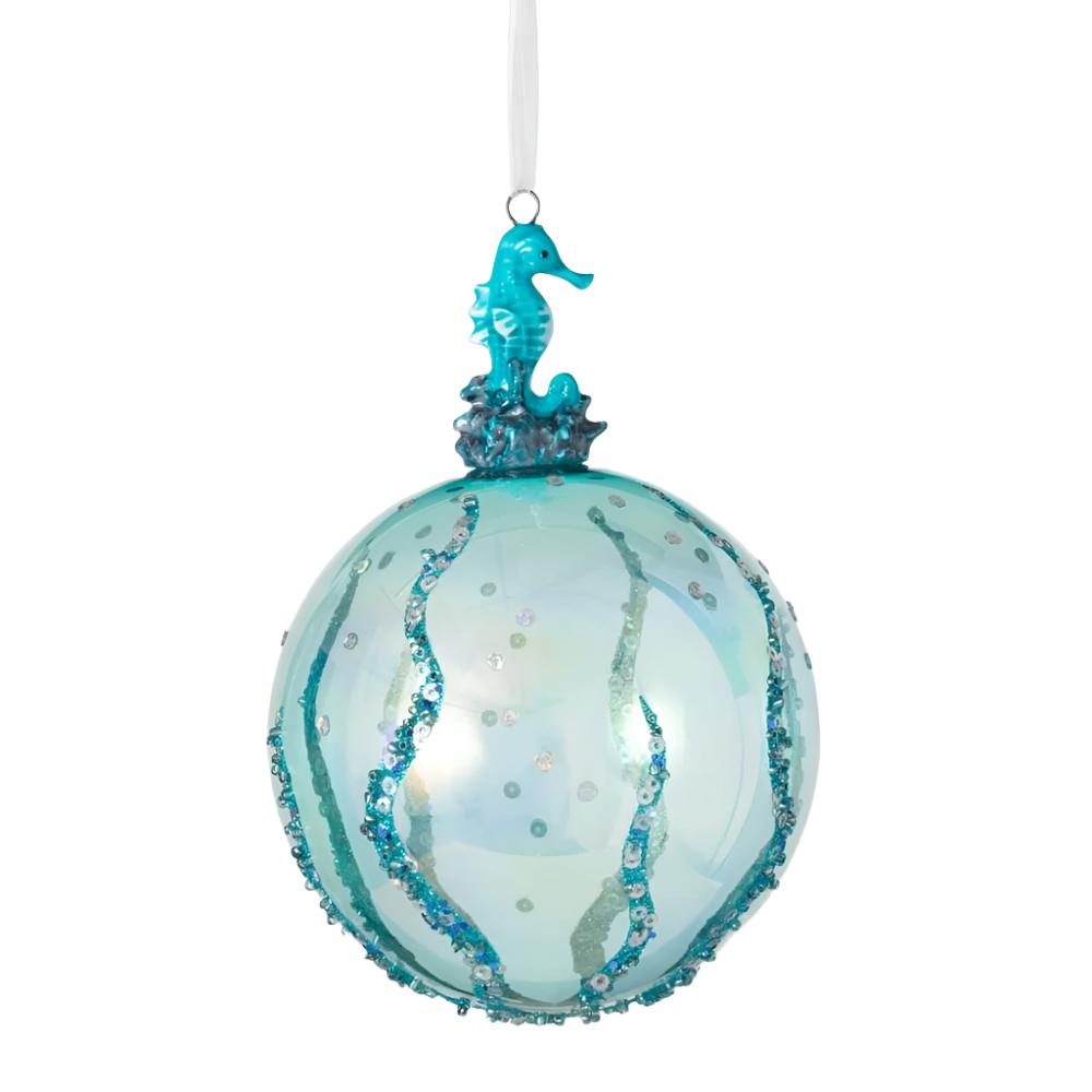 Aqua Seahorse Glass Ball Ornament | Putti Christmas Decorations 