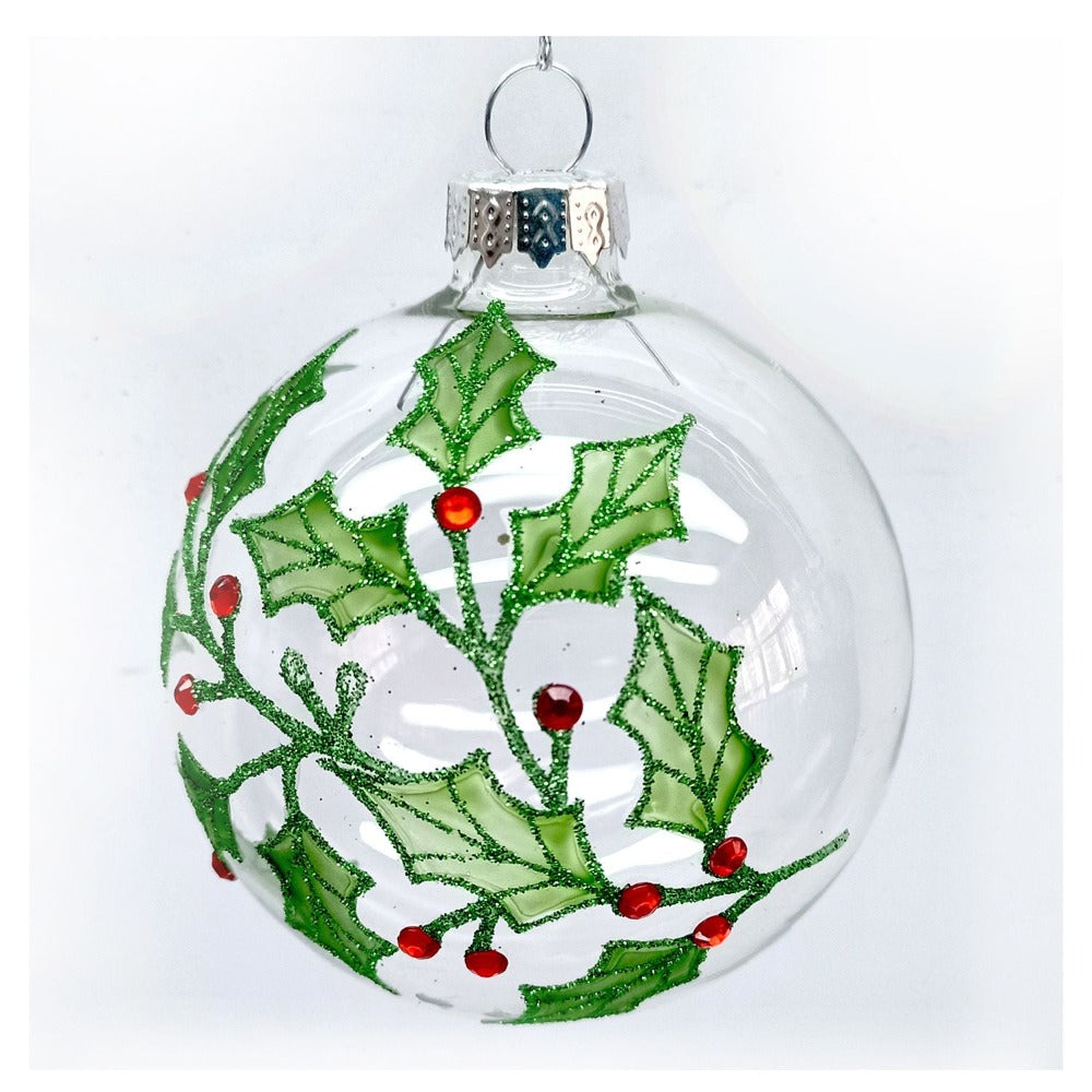 Clear with Holly and Red Jewelled Berries Glass Ball Ornament