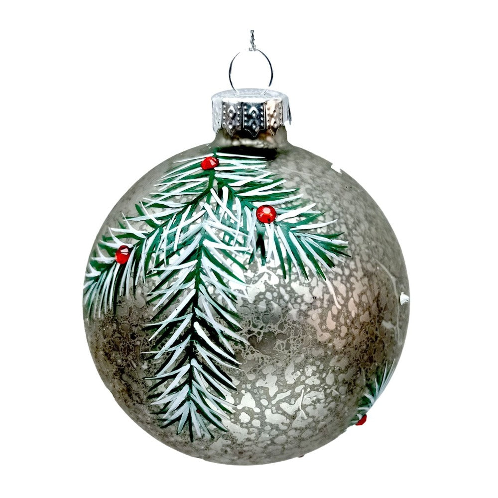 Antique Silver with Pine Branches Glass Ball Ornament | Putti Christmas 