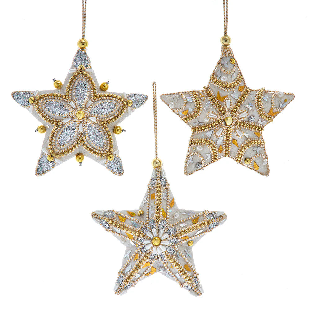 Fabric Beaded Taupe Gold Silver Star Ornament
