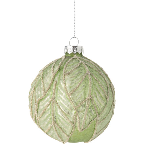 Pale Green Leaf Embossed Glass Ball Ornament | Putti Decorations 