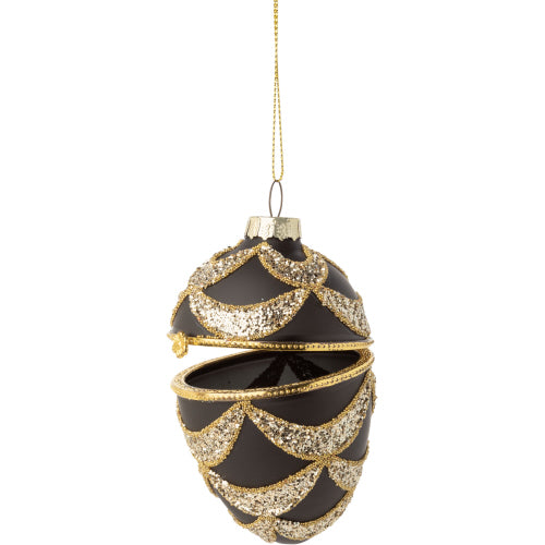 Black with Gold & Silver Swags Glass Egg Trinket Ornament