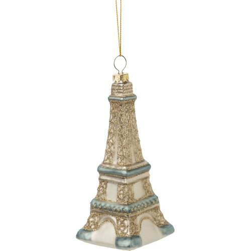 Blue & Gold Eiffel Tower Glass Ornament | Putti Christmas Decorations 