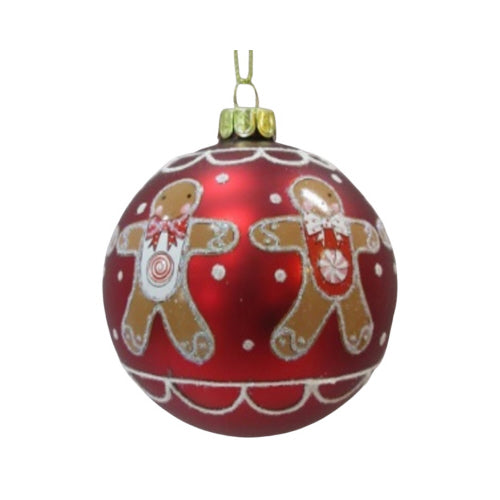 Matte Red with Gingerbread Men Glass Ornament | Putti Christmas Decorations 