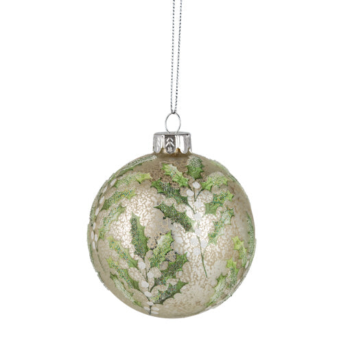 Antique Mercury Glass Ball Ornament with Holly  | Putti Christmas 