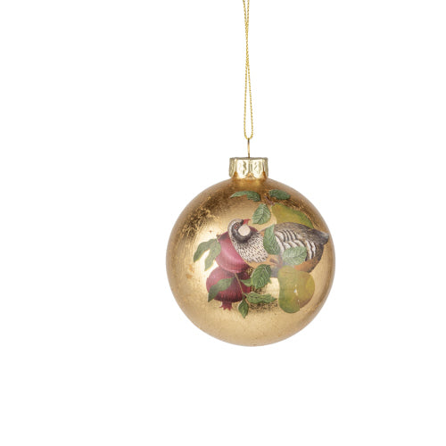 Partridge and Pear Gold Foil Glass Ball Ornament