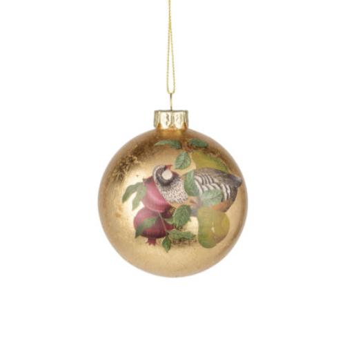 Partridge and Pear Gold Foil Glass Ball Ornament