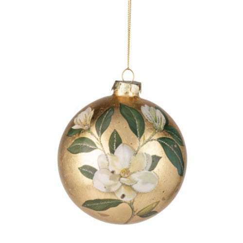 Magnolia on Gold Foil Glass Ball Ornament