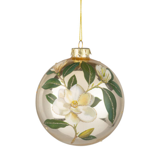 Magnolia on Shiny Gold Glass Ball Ornament  | Putti Christmas Celebrations 
