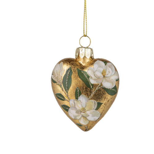 Magnolia on Gold Foil Glass Heart Ornament  | Putti Christmas Celebrations 