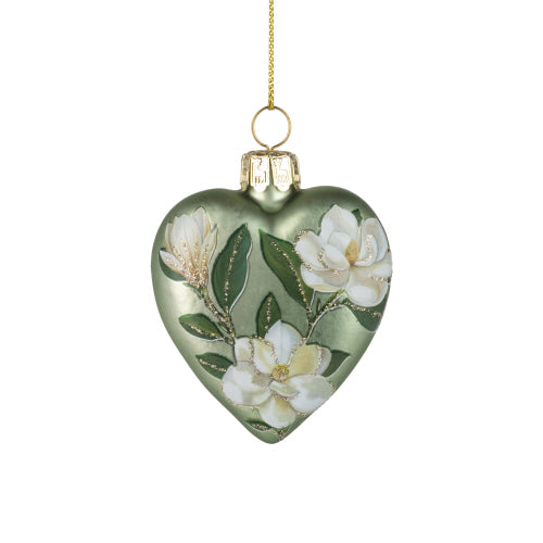 Magnolia on Matte Green Glass Heart Ornament  | Putti Christmas Celebrations 