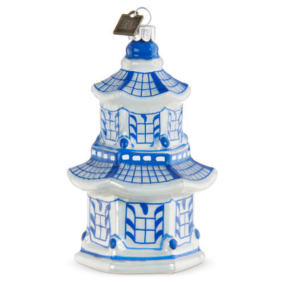 Eric Cortina Blue and White Pagoda Glass Ornament | Putti Christmas Decorations