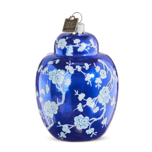 Eric Cortina Blue with White Flowers Ginger Jar Glass Ornament