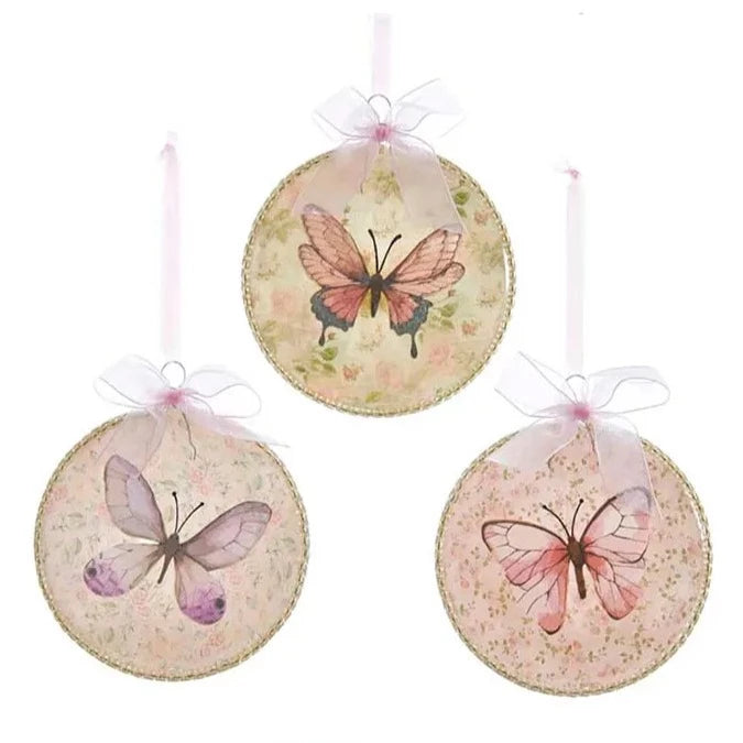 Blush Boho Chic Glass Disc With Butterfly and Flower Pattern Ornaments